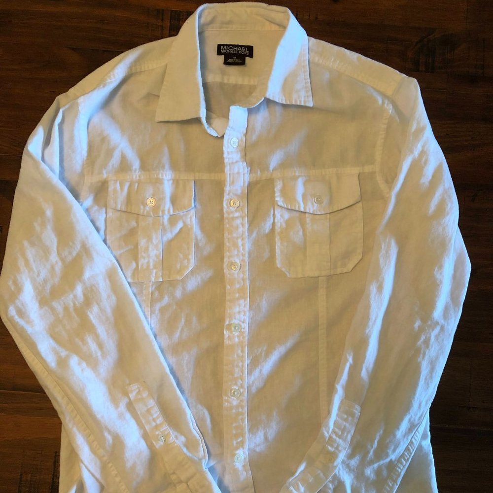 Michael Kors White Linen Blend Two Pocket Shirt